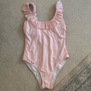 Pink & White Striped Ruffle One Piece Swimsuit